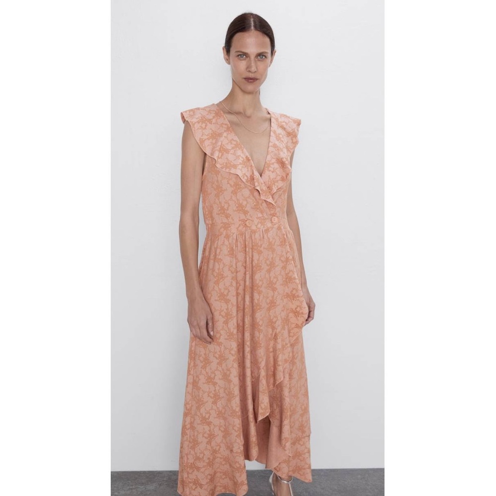 Zara Peach Jaquard High Slit Ruffled Wrap Dress Sz L NWOT